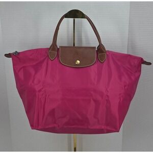 Longchamp Le Pliage Medium Tote Bag Pink Nylon Brown Leather Trim 1623089C88
